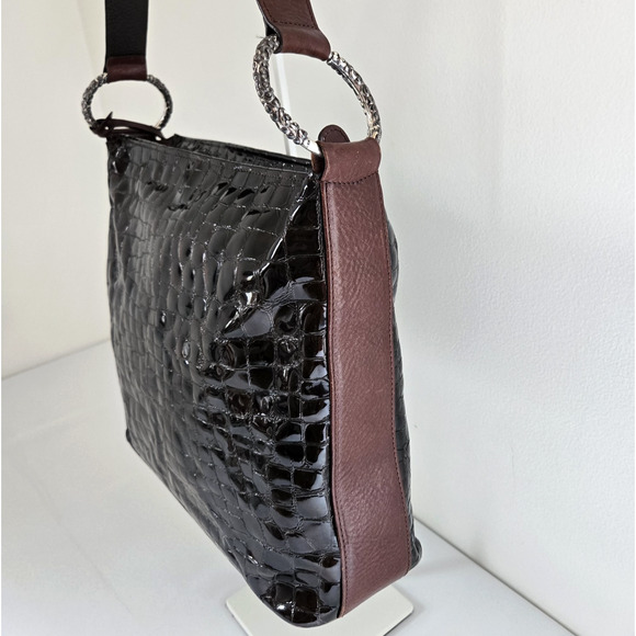 Brighton Shoulder Bag Dark Brown Patent Leather Croc Embossed Classic Purse 12" - Picture 13 of 16